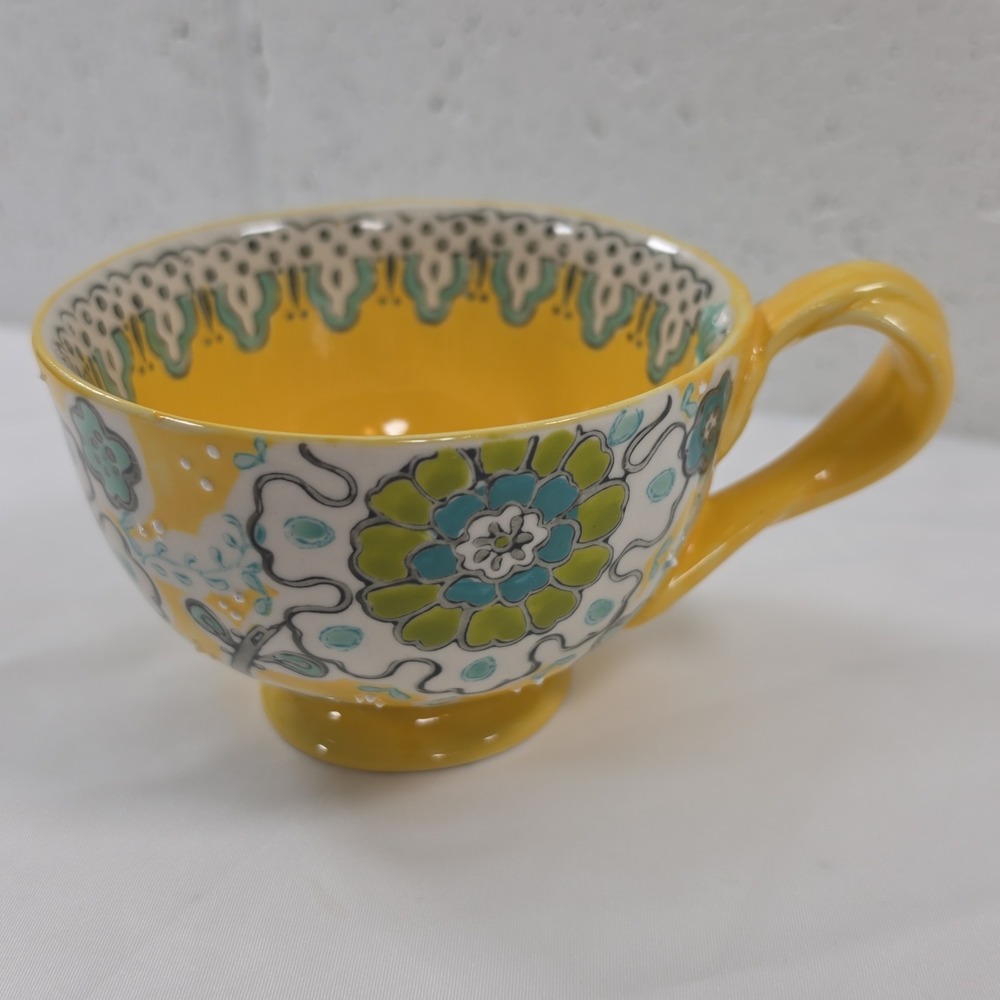 Anthropologie Elka Ayaka Pedestal Cup Mug Yellow Teal Floral Twisted Handle 10oz